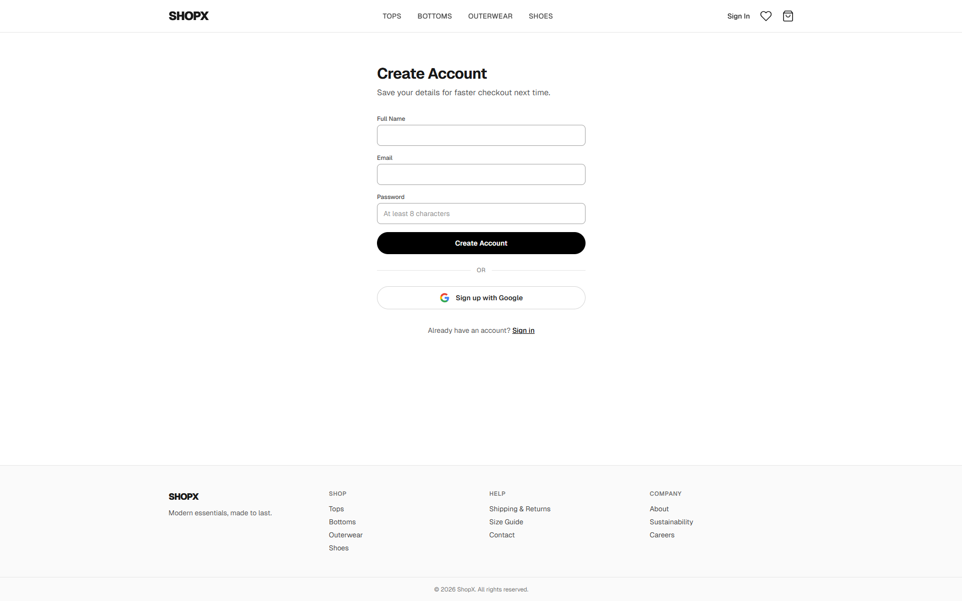 ShopX User Registration Form